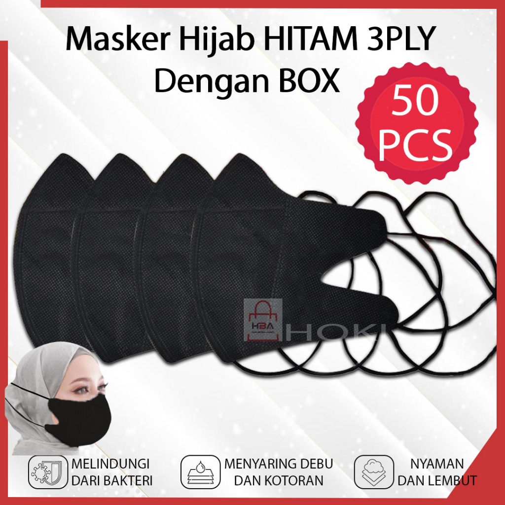 Masker Duckbill 50 PCS Hijab Warna Hitam 3 PLY Premium Face Mask HEADLOOP Original Masker Medis Duck