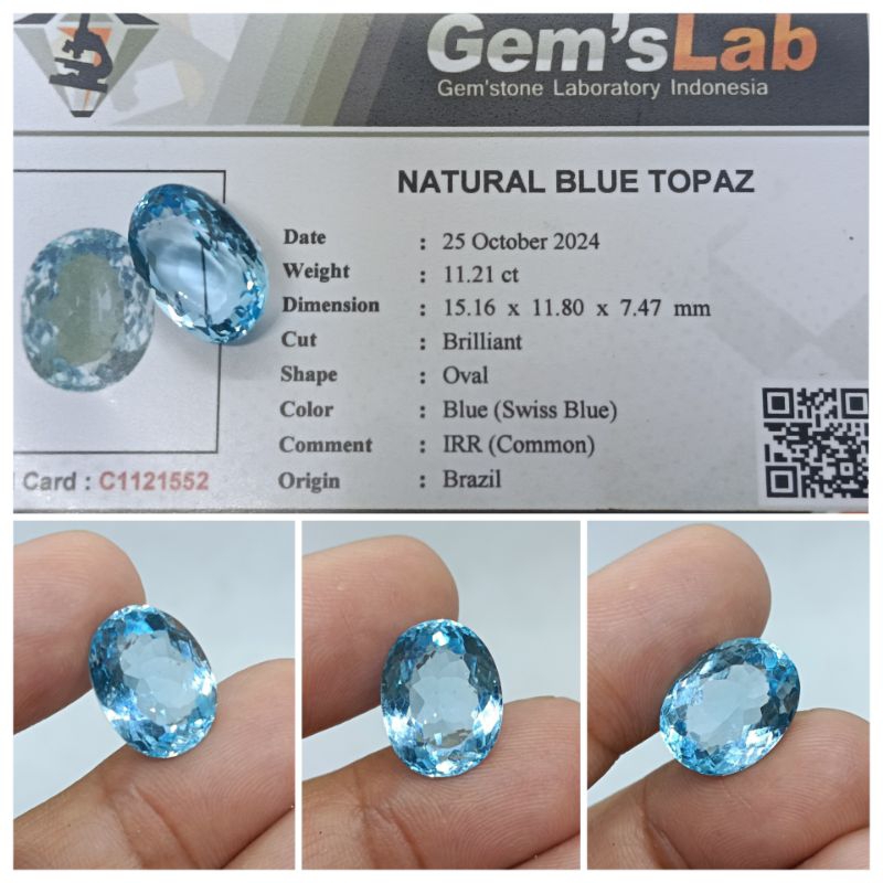 Natural Blue Topaz Swiss big size 11 ct certified by GLI Topas memo