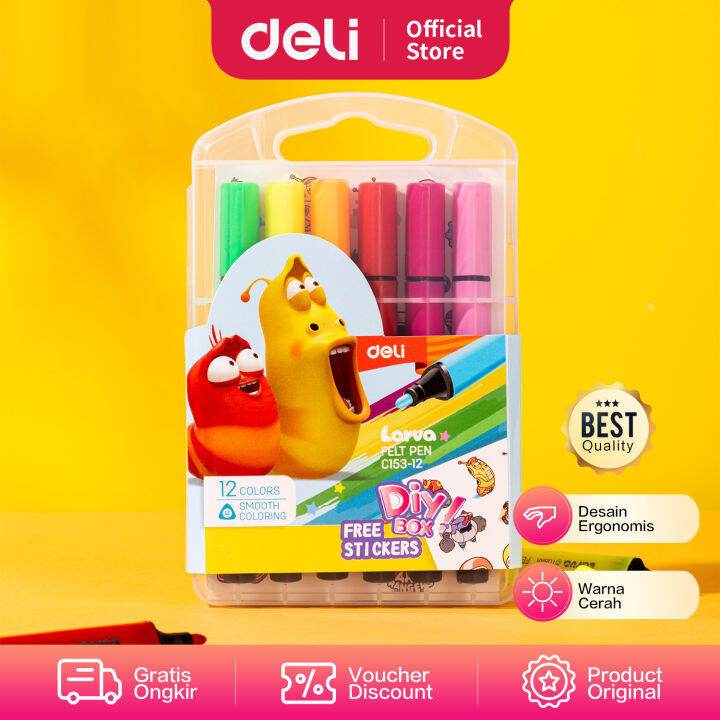 

Deli Larva Felt Pen/Spidol Warna 12/24C Mudah Dicuci Warna Cerah C153 - 12 pcs
