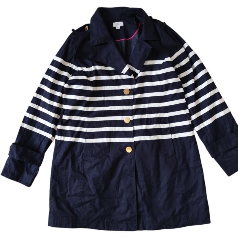 Jaket Panjang Coat Navy Garis Strip Putih