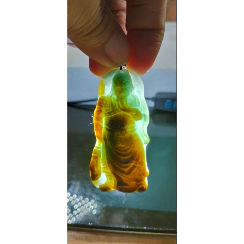 LIONTIN BATU GIOK ASLI BURMA NATURAL JADEITE JADE UKIRAN DEWA KWAN KONG