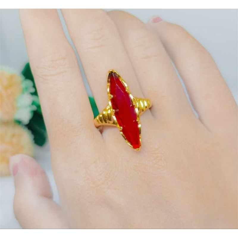 cincin batu merah delima panjang pria, wanita lapis emas elegan