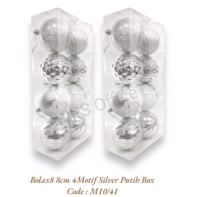 Hiasan Natal 8cm isi 8 Motif Silver Putih M10/41 -  Hiasan Natal - Hiasan Bola Natal - Hiasan Natal 