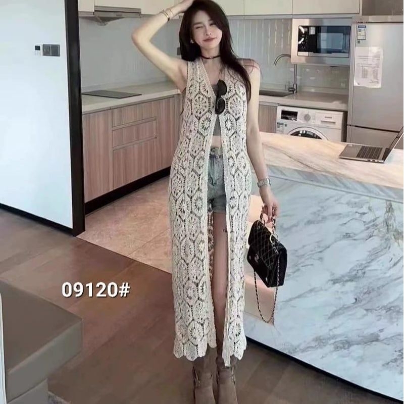 09120 Baju atasan luaran BELGIANA CROCHET SLEEVELESS CARDIGAN OUTER panjang putih krem polos Korean 