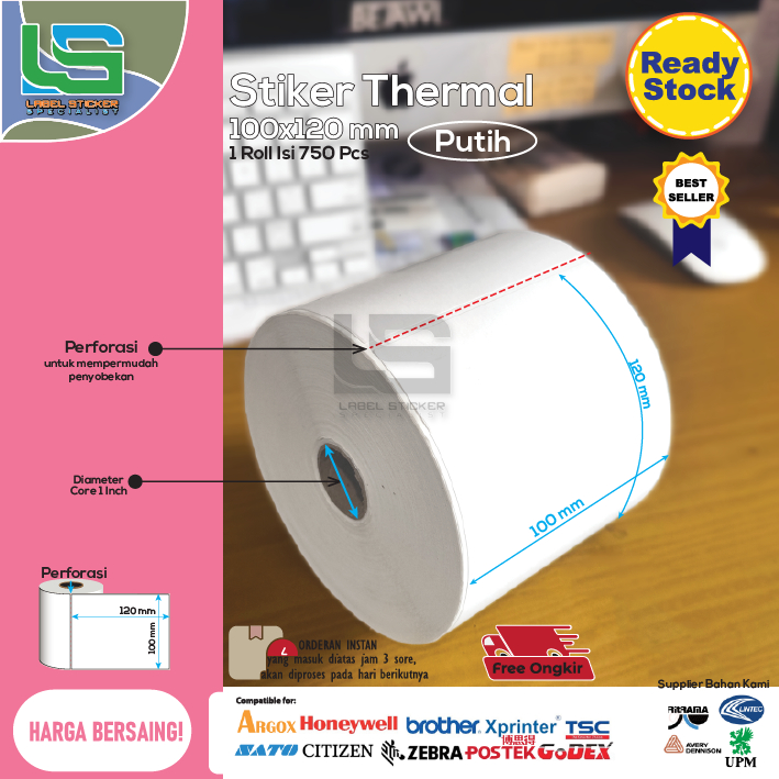

LABEL THERMAL 100X120 MM LABEL STIKER THERMAL POLOS LABEL PRINT RESI 100X120 MM ISI 750 PCS