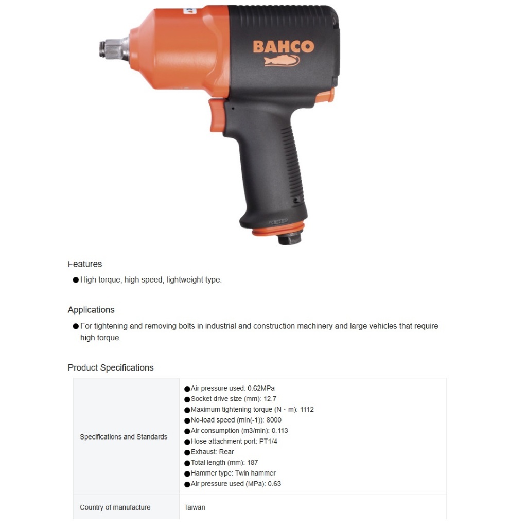 BAHCO Air Impact Wrench, Sq. Dr. 12.7mm (1/2 In) Maximum Tightening Torque 1112Nm BPC815