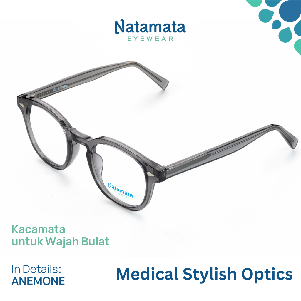 Natamata Face Shape: Frame Anemone Abu - Kacamata untuk Wajah Bulat - Anti Radiasi/Photochromic/Blue