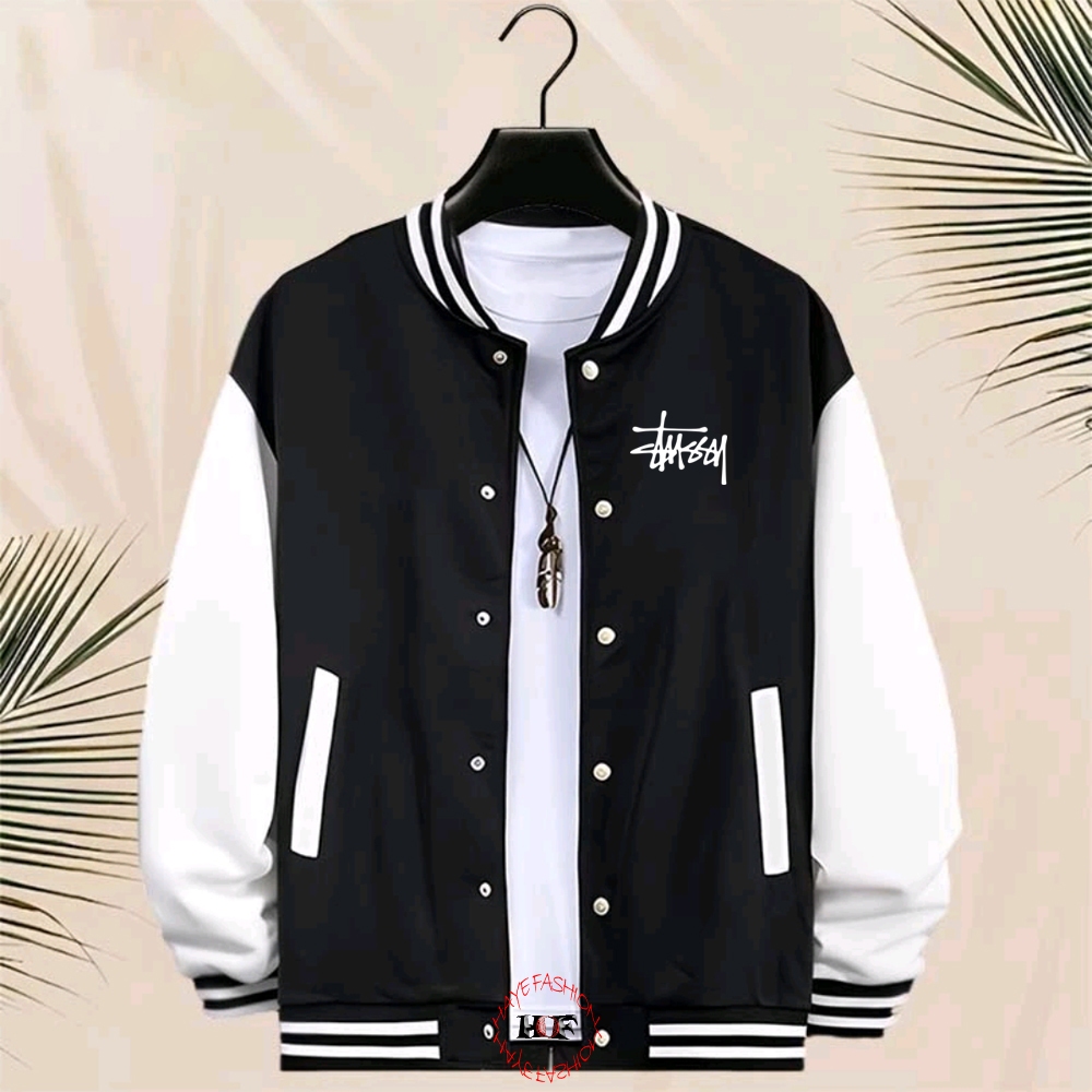 Haye Fashion - Unisex Jacket Baseball Kancing Stussy Putih Jacket Resleting Varsity