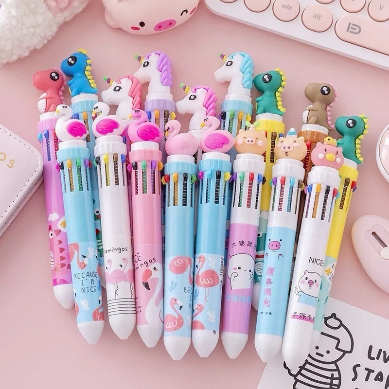 Pulpen 10 Warna Karakter Sanrio Dino kepala Unicorn Pena Ballpoint