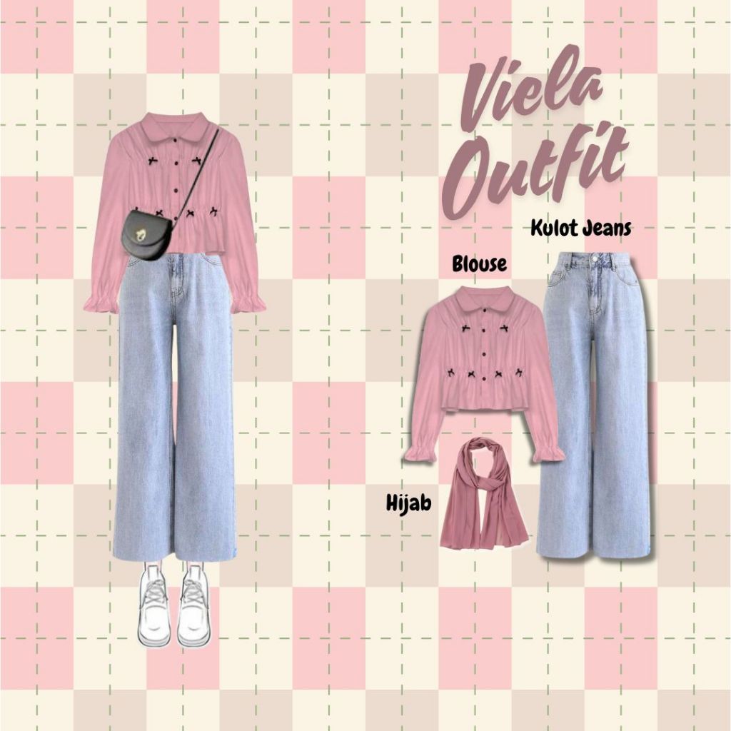 Viella Outfit | One Set ( Blouse Kerut + Kulot Jeans + Hijab ) | OOTD Korean Hijab