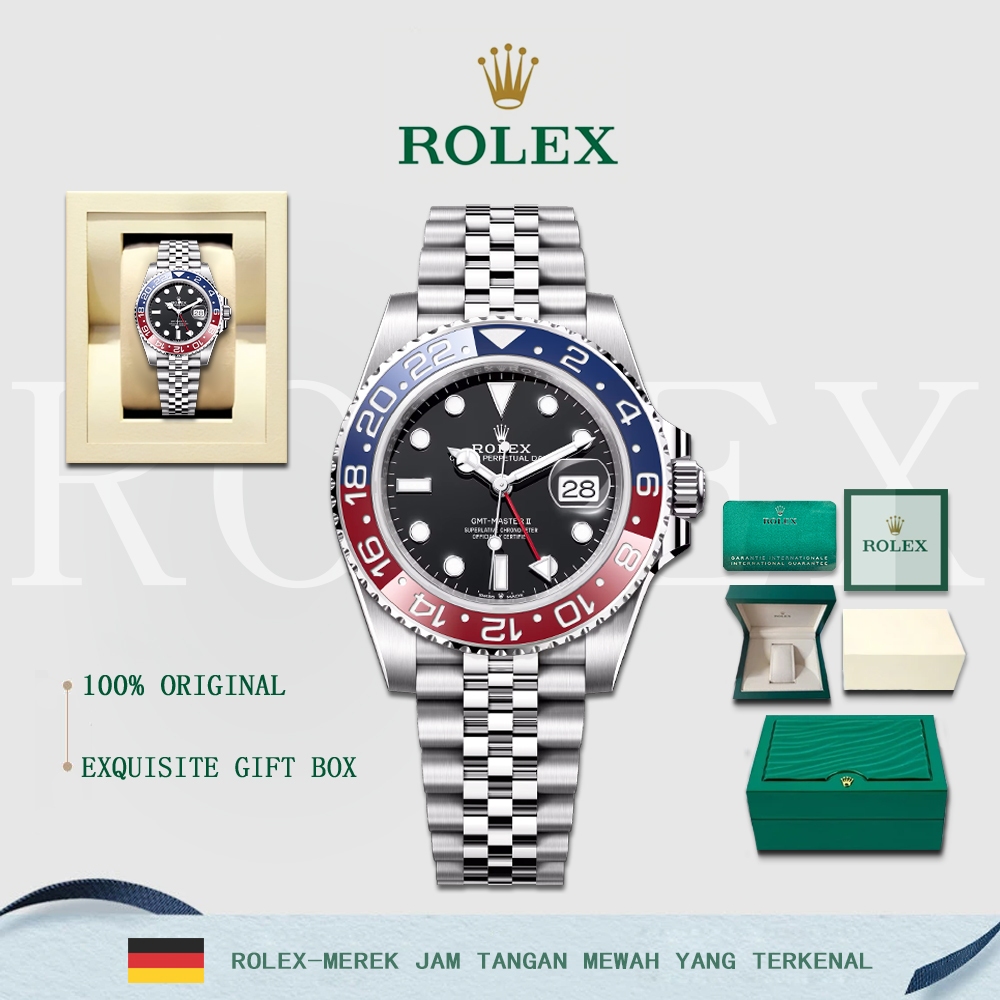 【100% ASLI ROLEX】Jam Tangan Mekanik Otomatis Rolex GMT II Baru dengan Tali Baja 5 Bola/Kotak Hadiah