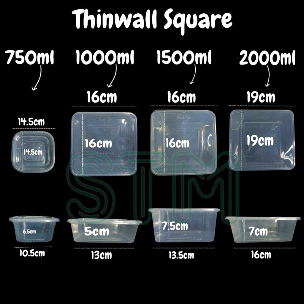 Thinwall Square 750ml 1000ml 1500ml 2000ml Tebal Premium Victory/Kotak Makan Plastik Puding Dessert 