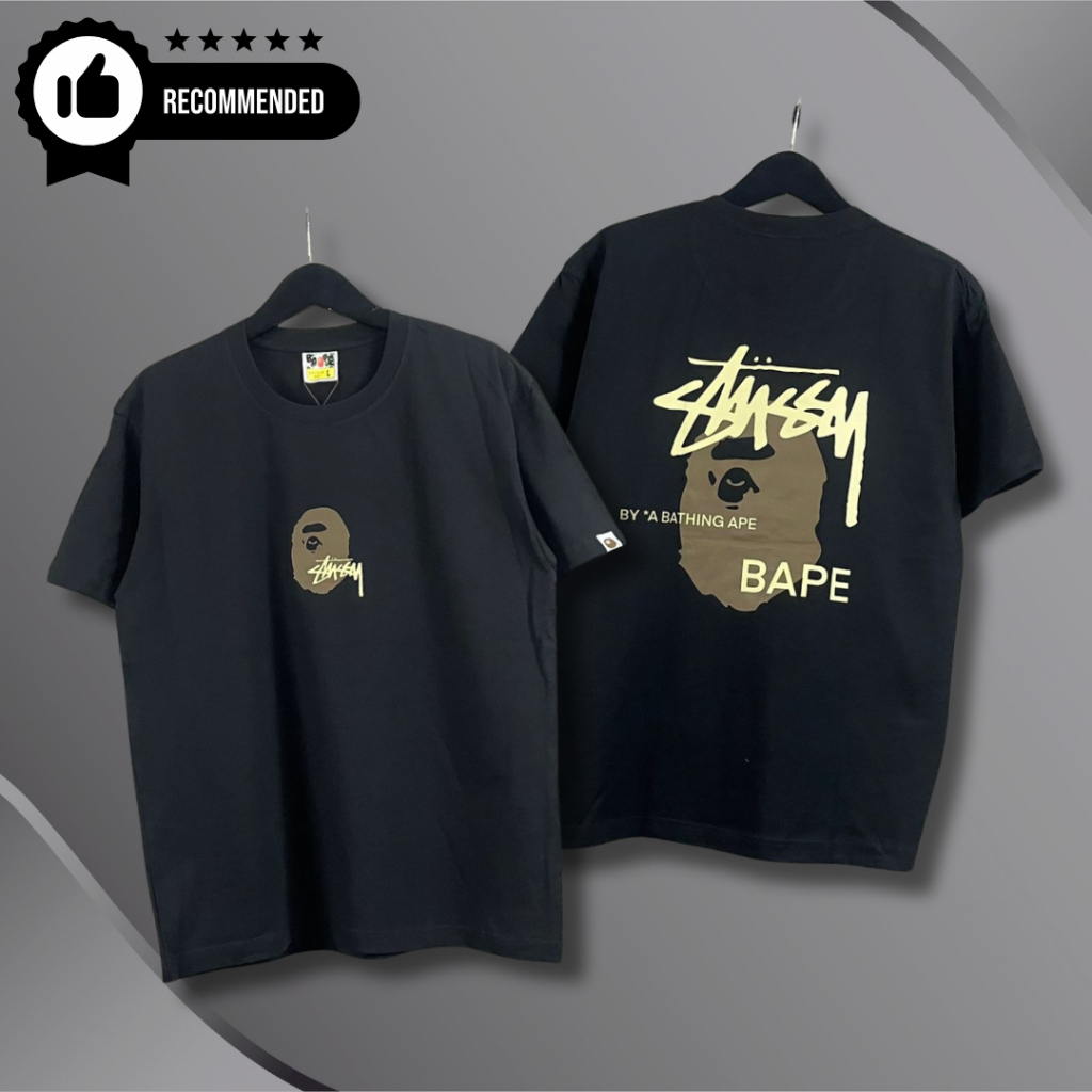 Baju Kaos Bape Bathing Ape X Stussy Black Tee Cotton T-Shirt Baju Kaos Atasan Pria & Wanita Unisex B