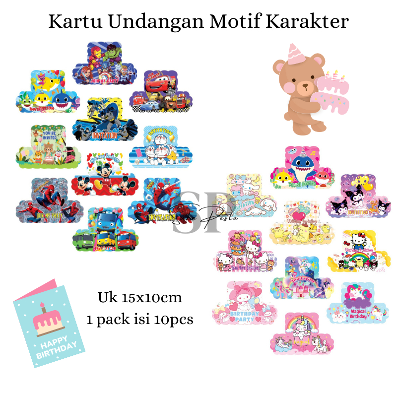 Undangan Ultah Anak Karakter Unik / Kartu Undangan Ulang Tahun Anak Laki Laki Perempuan 10 pcs