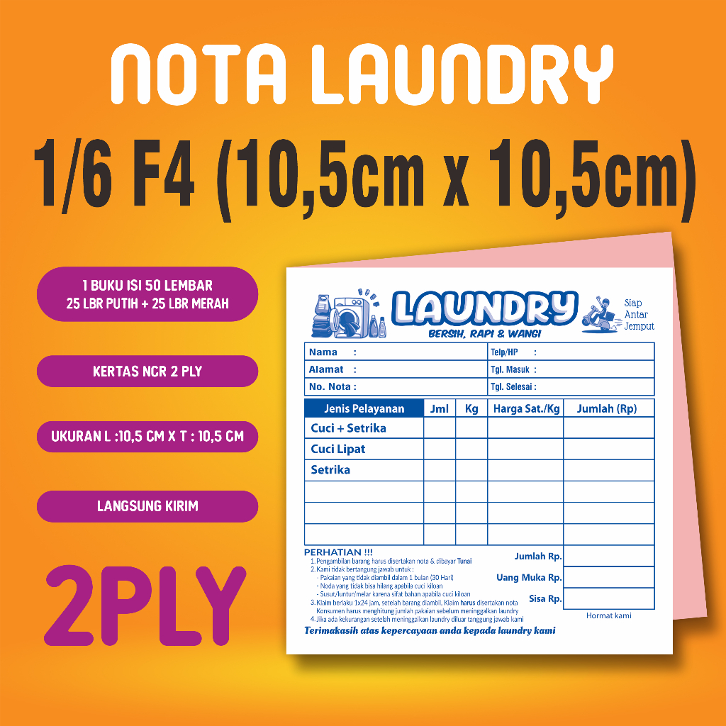 

NOTA LAUNDRY NCR 2PLY UKURAN SEPER ENAM 1/6 (10,5cm X 10,5cm READY STOCK)