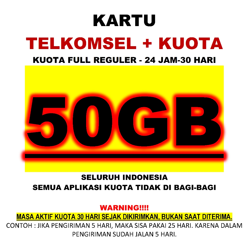 Promo Kartu Telkomsel + Kuota 50GB Full 24 Jam Kuota Utama Reguler Seluruh Indonesia