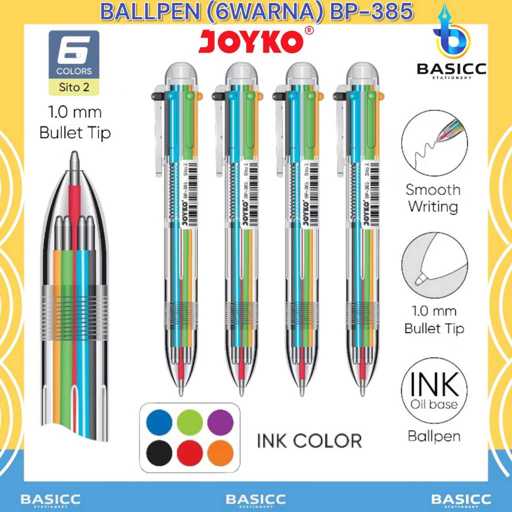 

Joyko Ball Pen Pulpen Pena 6 Warna BP-385 Sito 2 | @ 1Pcs