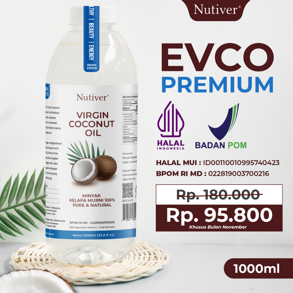 

NUTIVER PREMIUM VCO Virgin Coconut OIL 1 Liter - EVCO EXTRA VIRGIN COCONUT OIL MINYAK KELAPA MURNI