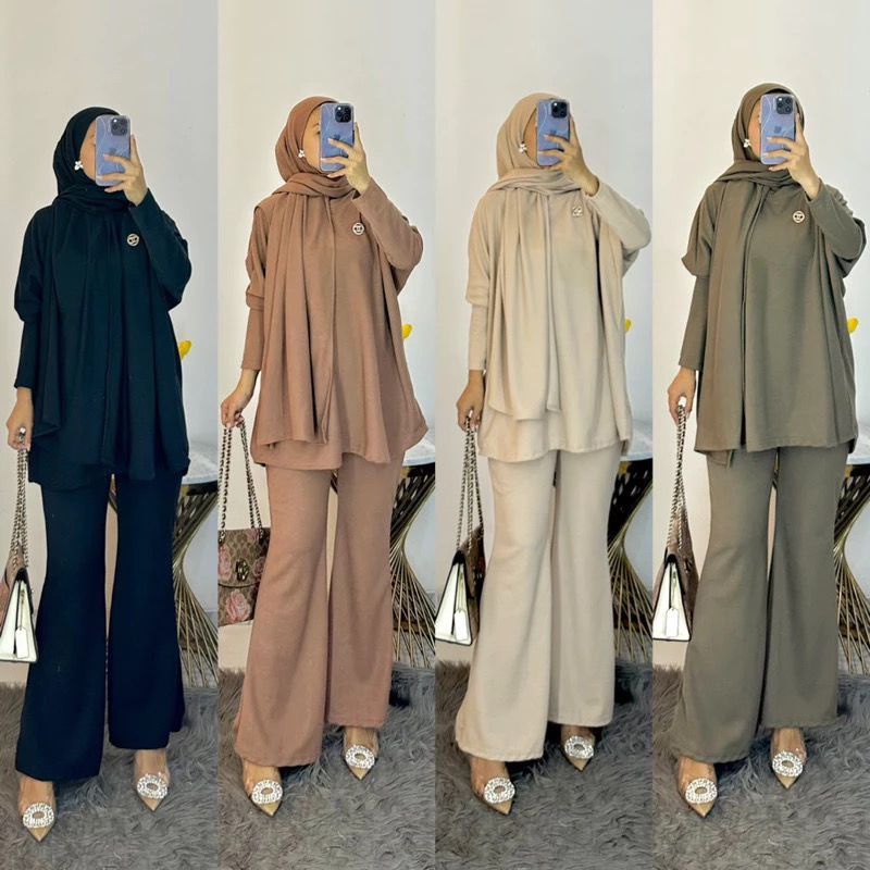 3IN1 SETELAN + PASHMINA !! PRITA SET HIJAB KNIT FIT TO XL // SETELAN POLOS TUNIK // ONE SET TUNIK WA