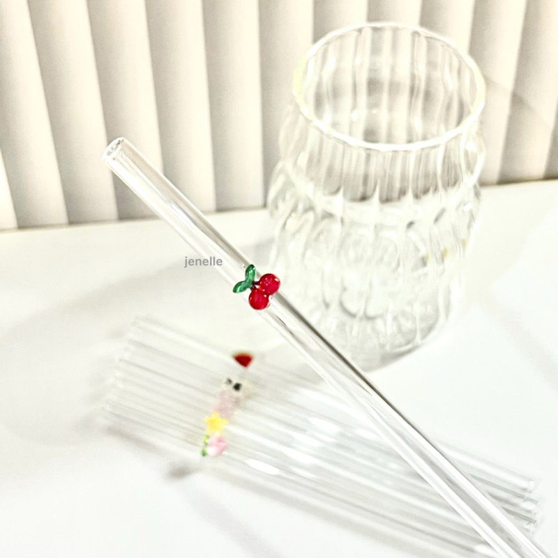 READYSTOCK Korean Glass Straw Ribbon Cherry sedotan kaca motif 3D glass coqutte straw Sedotan Kaca L