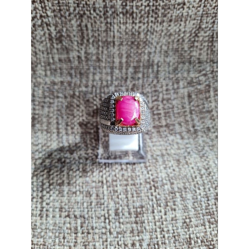 054. Cincin Natural Star Ruby (Corundum) plus memo, Ring Perak Indonesia 925 semi micro, size: 9