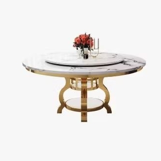 Meja Makan Bulat Kaki Stainless Gold Top Marmer