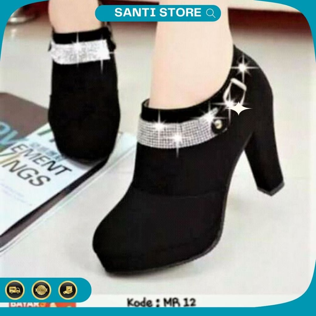 Sepatu Boots Wanita High Top Sequins Ankle Gemstone Bahan Full Suede Hak Tinggi 9cm Model Slip On Si