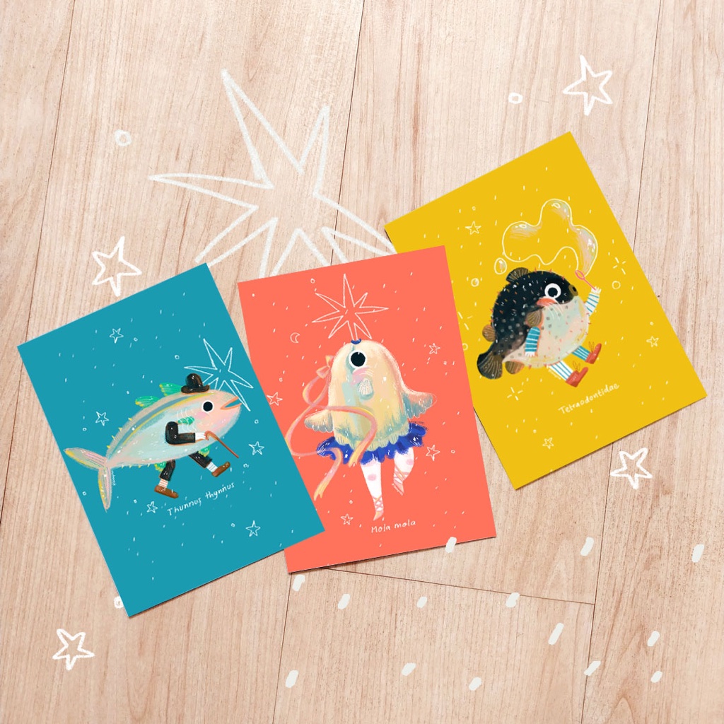 

Postcard color fun ikan buntal bluefin tuna mola sunfish pufferfish