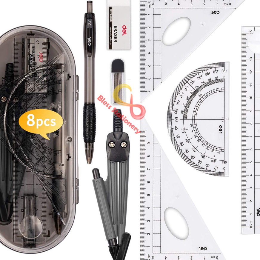 

KF7 Jangka penggaris busur sekolah DELI Compass Drafting Set Square Ruler