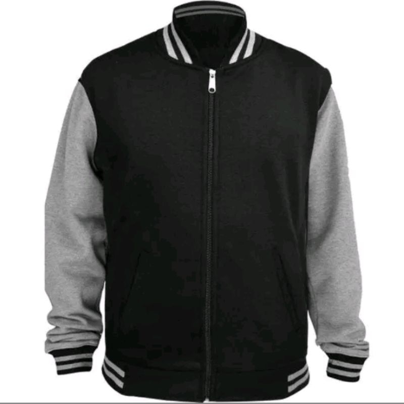 Jaket Baseball Resleting Hitam Tangan Abu✓Jaket Baseball Resleting Polos Pria Dan Wanita M-XXL