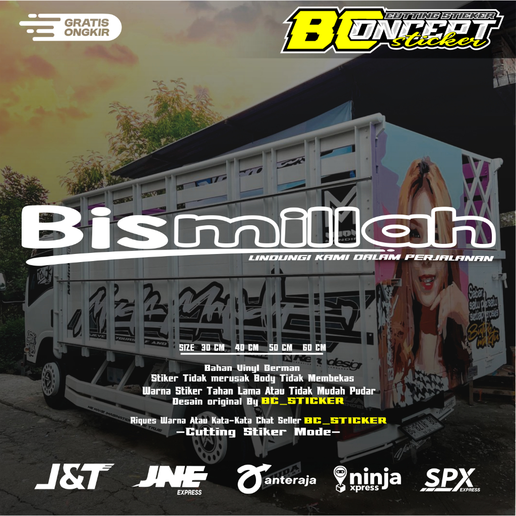 sticker cutting kaca depan Bismillah mobil l300 granmax carry truck canter elef dutro fuso hino kaca