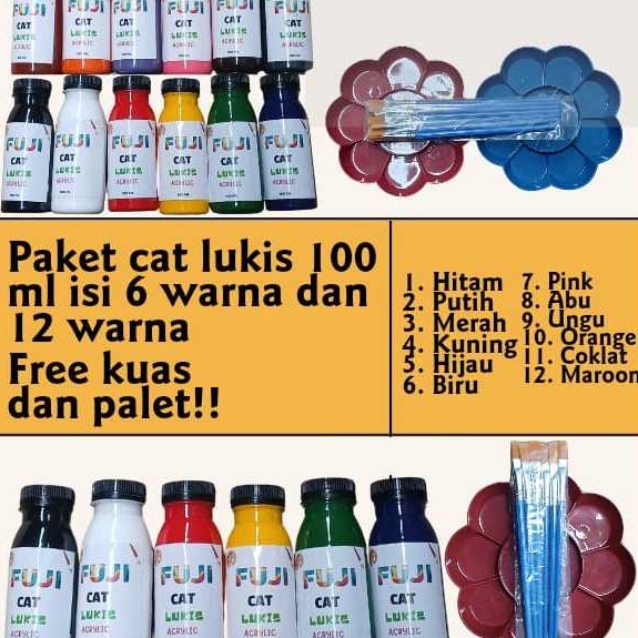 

Tawaran 1 cat 1 ML isi 6 warna dan 12 Warna bonus kuas dan palet