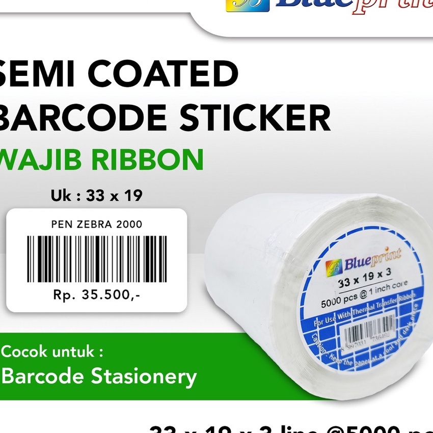 

Gila Sticker Barcode 33x19 mm 3 Semicoated BLUEPRINT Stiker Label 33 x 19 x 3 Core 1 isi Pcs