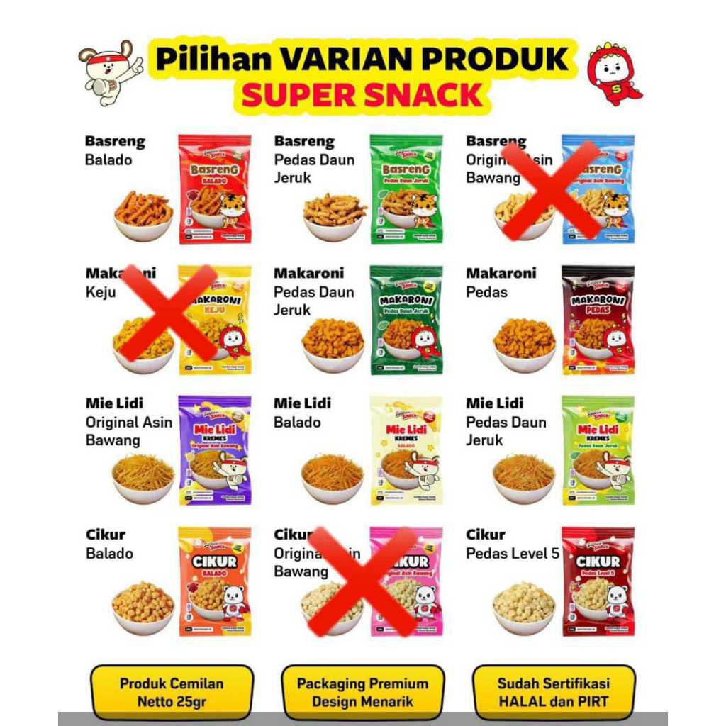 

SUPER SNACK Pilus Makaroni Basreng Mie Lidi Cikur Rasa Balado Pedas Asin Daun jeruk 25gr Cemilan