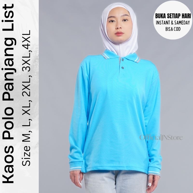 OFFICIAL_JNSTORE - Kaos Polo Panjang List - Biru Langit - Sky Blue | Kaos Kerah Panjang