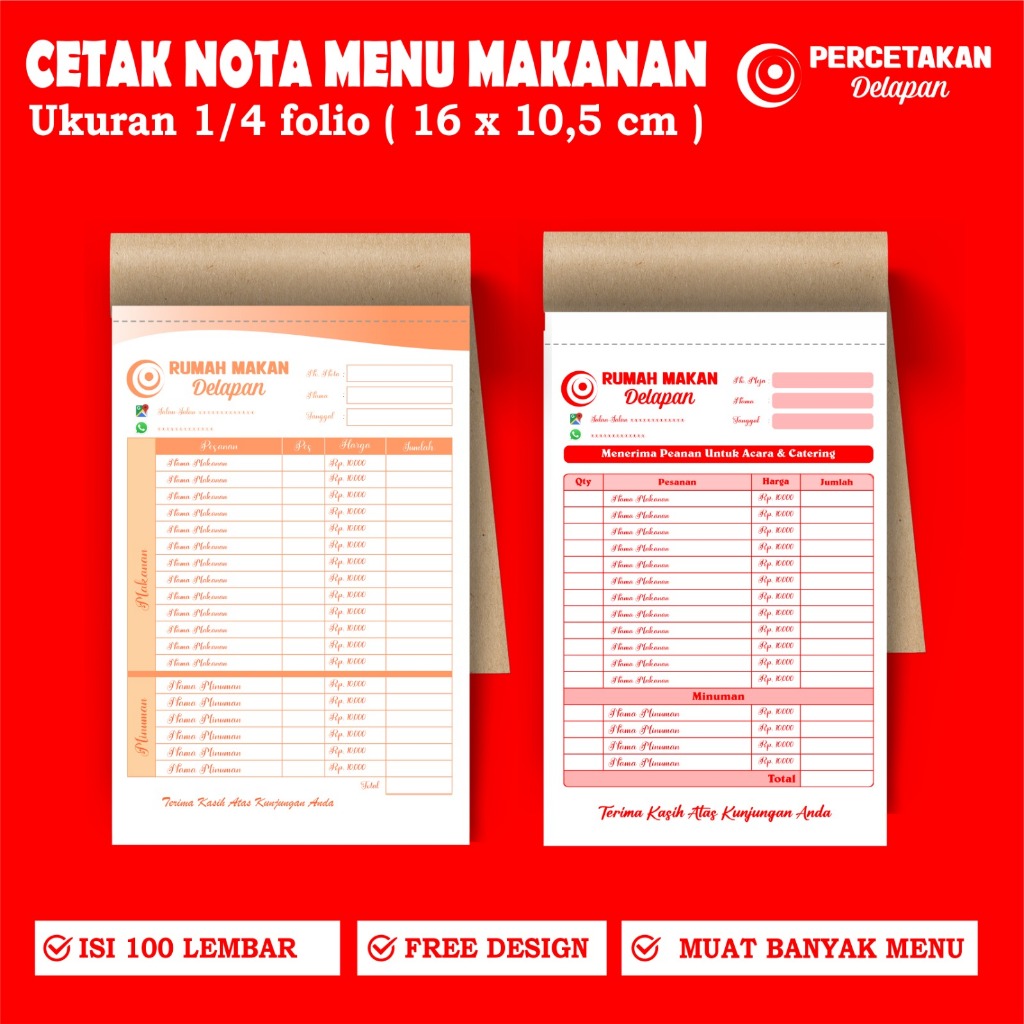 

cetak nota menu makanan custom 1 ply / 2 ply 1/4 folio