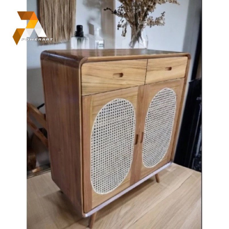 Rak Sepatu Rotan Lemari Sepatu Kayu Jati Pintu Rotan