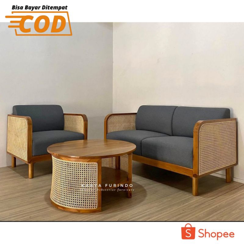 Kursi Tamu Kayu Jati Mix Rattan, Kursi Tamu Rotan Minimalis Modern