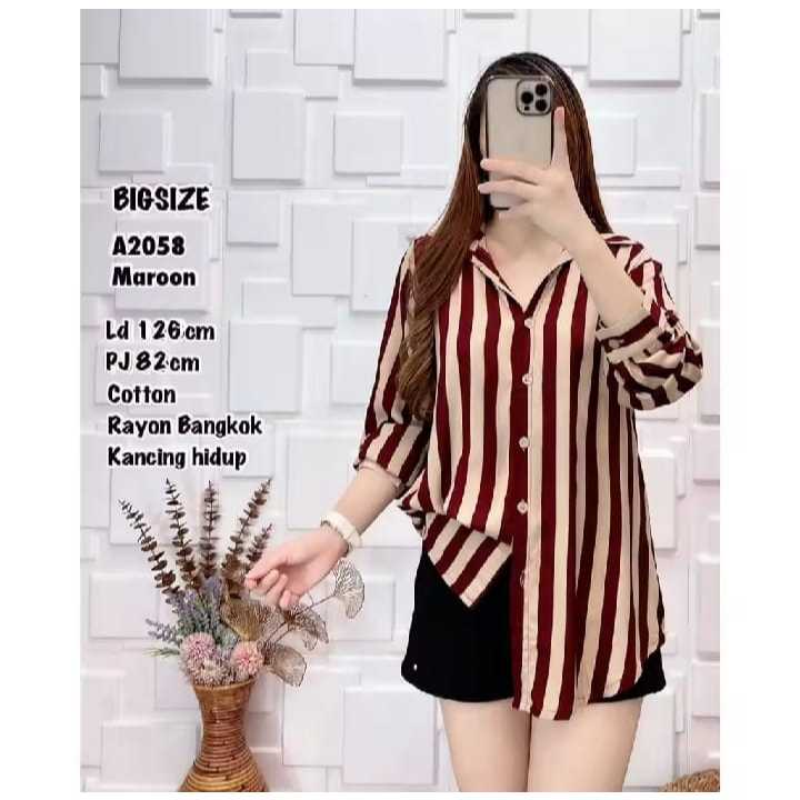 Kemeja Wanita Jumbo Motif Salur Ld 120 Kemeja Wanita Lengan Panjang Terlaris baju wanita model /moti