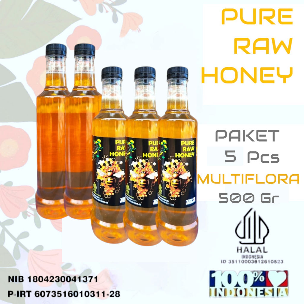 

Paket 5 pcs Madu Murni Asli 5OO gr Nektar Multiflora100% Alami Pure Natural Raw Honey