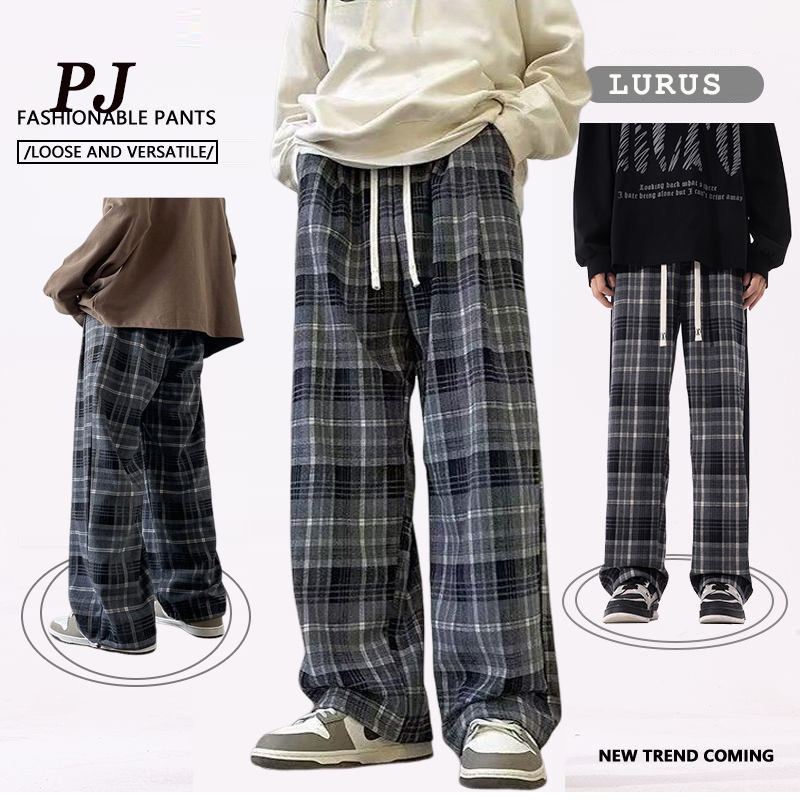 Celana Tartan Korean Style celana pinggang karet pria celana vintage pria Celana Kotak-Kotak baggy p