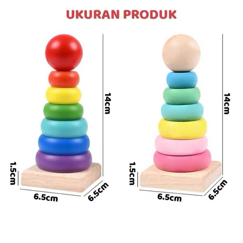 MAINAN RING DONAT SUSUN ANAK PUZZLE DONAT KAYU RAINBOW TOWER / MENARA RING DONAT PELANGI / MAINAN ED