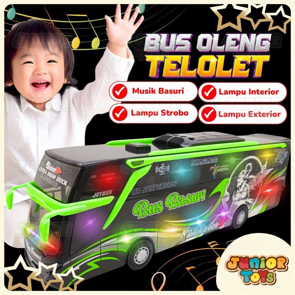 Bus Telolet Basuri Oleng Mainan Anak Bahan Kayu Bunyi Suara Nyala Lampu LED