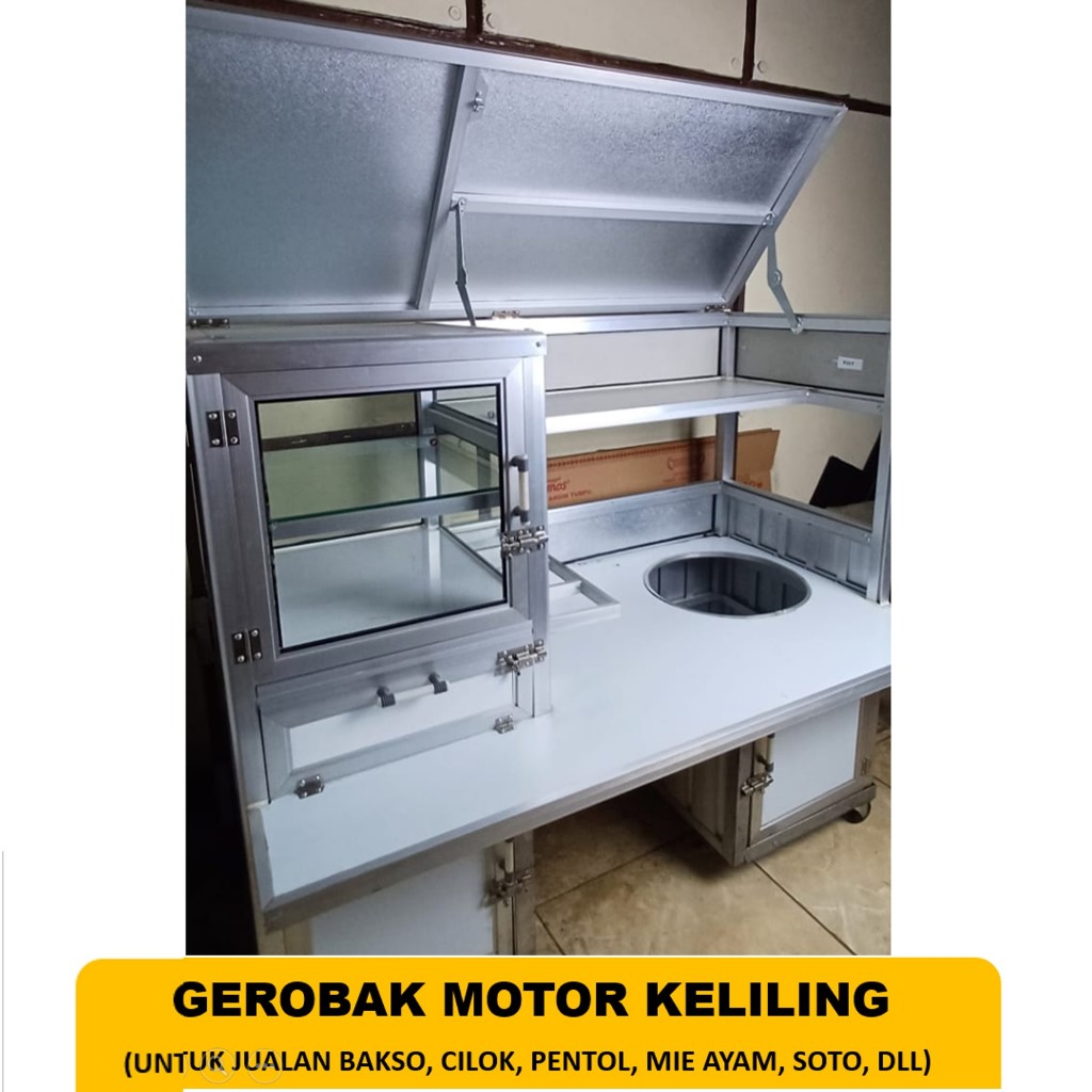 Gerobak Motor Keliling Gerobak Bakso Mie Ayam Soto Cilok (Bahan Besi Aluminium) FREE ONGKIR