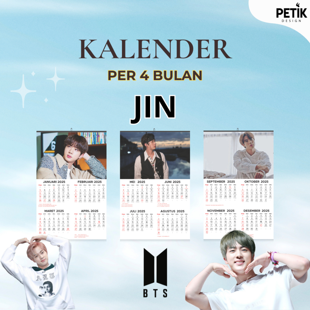 

Kalender Dinding Kim Seok-jin/Jin BTS 3 Lembar (per 4 bulan) 2025 Klem