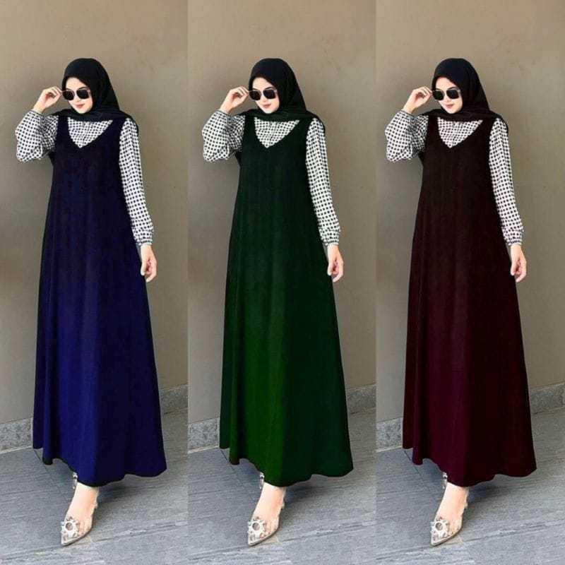 Dress Gamis Katun mix Crinkle Polos Kombinasi Motif Kotak & Houndstoot Kancing Kemeja Kerah V Neck