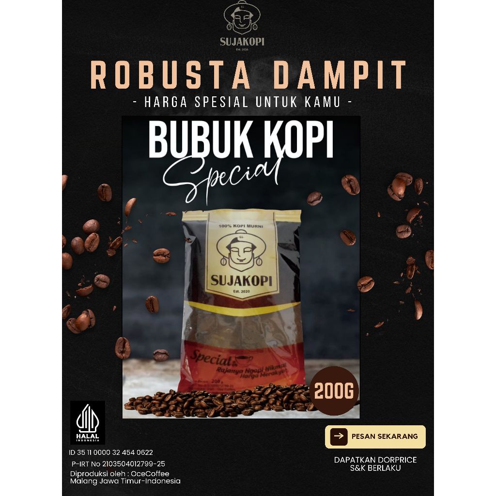 

SUJAKOPI KOPI BUBUK ROBUSTA 135gr beli 2 gratis sendok dan kopi sachet terlaris termurah rekomendasi kopi rumahan dan warung kopi grosir untung dijual lagi