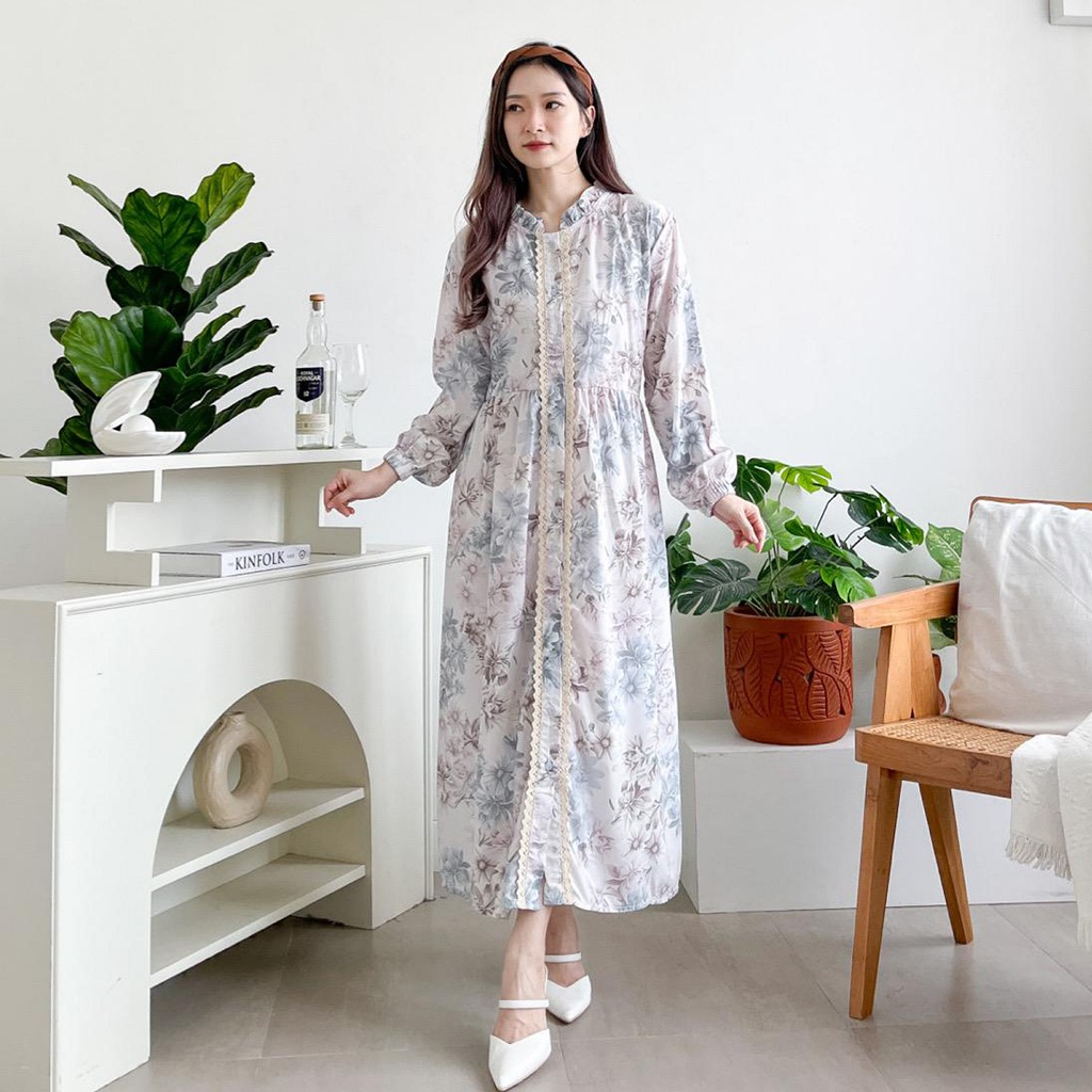 Ahwarumi - Nagita Midi Dress Long Tunik Renda Premium Motif Bunga