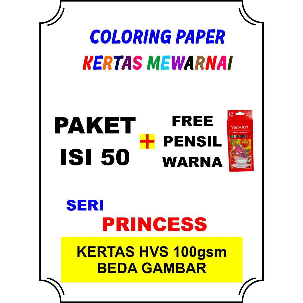 

FREE PENSIL WARNA, SERI PRINCESS ISI 50 PEKET MEWARNAI GAMBAR BERBEDA UNTUK ANAK SD TK PAUD COLORING HVS 100gsm