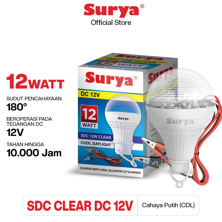 Surya SDC Clear 3-5-9-12 Watt Bohlam Capit Aki DC 12 Volt Lampu LED Super Terang Cool Daylight Putih